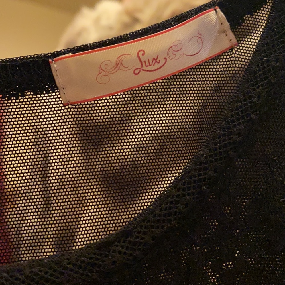 Rare LUX VTG Sheer Black Lace Peplum Cinched/Waist Cap/Sleeve Mesh Polka Dots - Picture 6 of 11